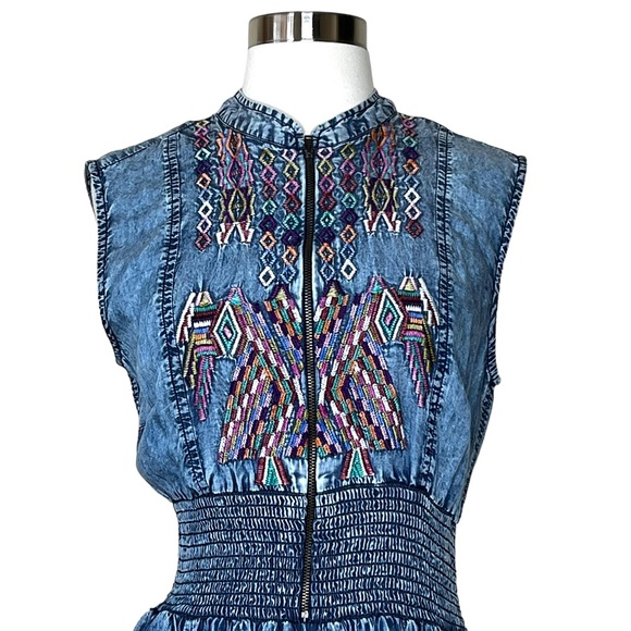 Label Ritu Kumar Denim-look Embroidered Sleeveless Dress- Size 3/ medium - Picture 3 of 11